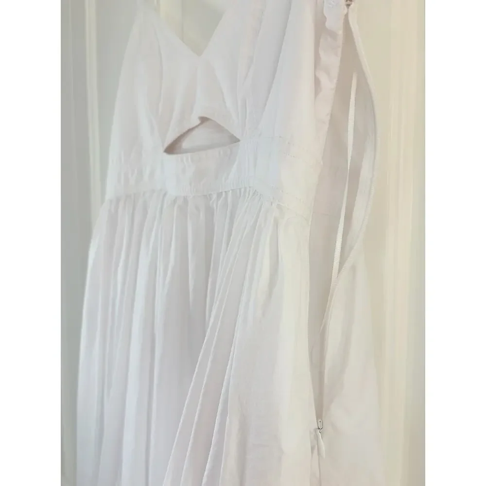 White Cotton Maxi Dress Cutout Empire Waist Pockets Boho Verandah By Vina - Picture 3 of 11